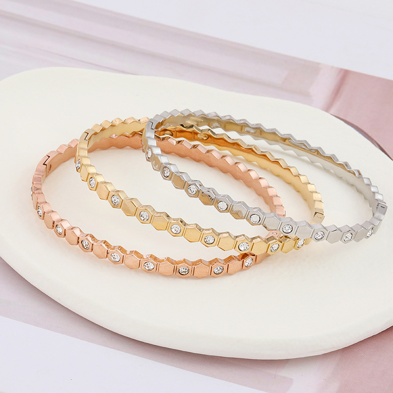 16g Weight Zircon Inlay Material Bangle Classification 1 Piece Quantity Casual Simple Style Hexagon Titanium Steel Plating Inlay Zircon Bangle