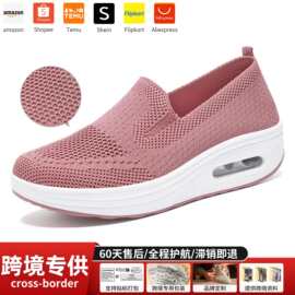 鞋子女春款跨境休闲鞋飞织透气单鞋软底气垫增高鞋网面舒适女鞋