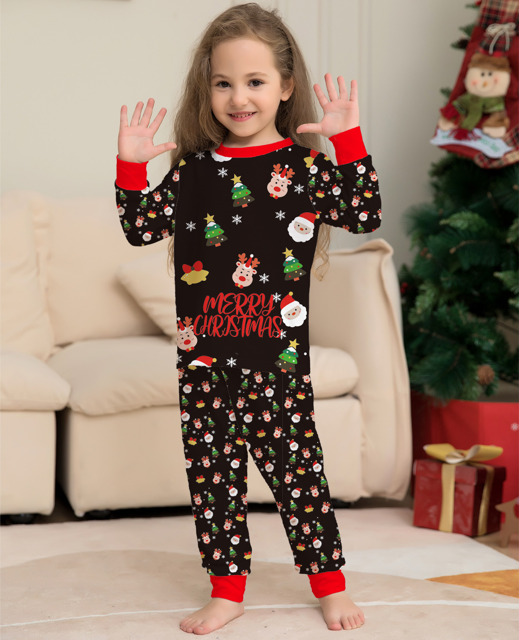 Weihnachtsfamilie Baby Jungen und Mädchen Baby mit Hund Eualphabetischer Weihnachtsfamilien-Schlafanzug_voghion.com