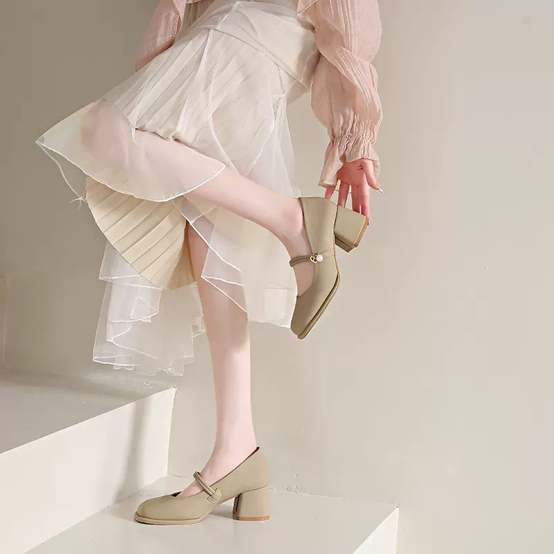 新款方头一字带粗跟高跟凉鞋女2025春季法式玛丽珍休闲鞋台州产地