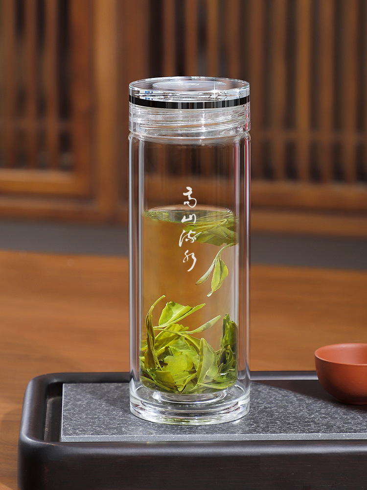 玻璃杯高山流水水杯男士茶杯雙層水晶杯玻璃杯子