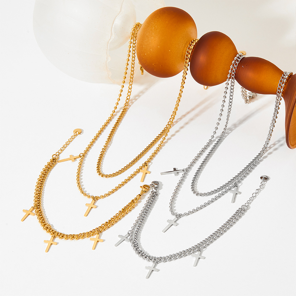 Fashion Cross Stainless Steel Titanium Steel Layered Plating Bracelets Necklace