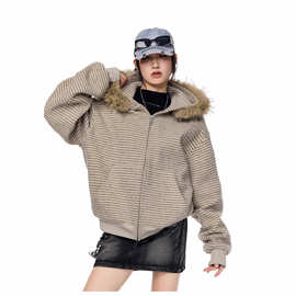 美式复古条纹连帽拉链卫衣外套女秋冬感宽松毛领针织开衫上衣
