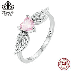 Eifule Original Pure Silver S925 Heart Wings Ring Pink Heart Shaped Zirconia Simple Feather Ring Accessory