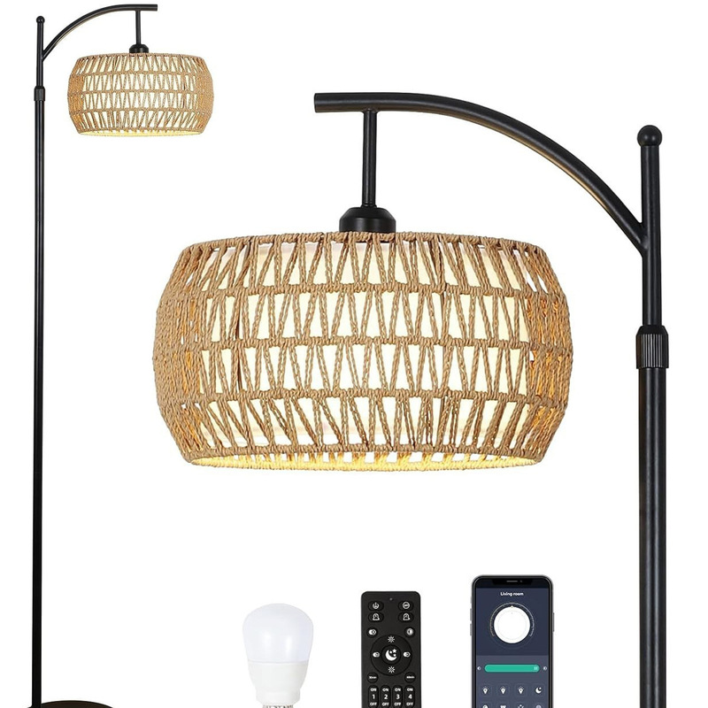 Amazon New Explosions Bohemian Rattan Hand-woven Retro American 110V Round Fabric Floor Lamp