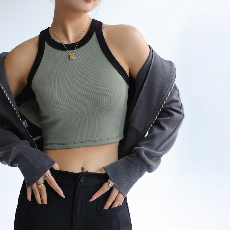 Q selecciona cuidadosamente una camisola básica versátil con parte inferior corta roscada de color contrastante para que las mujeres usan ropa exterior interior y sin mangas