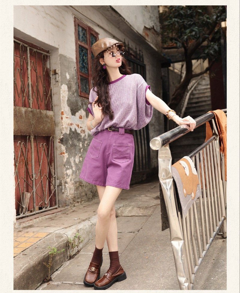 Bộ áo thun ngắn tay cổ tròn phối quần short jean ống rộng nữ — Áo ngắn tay+quần jean rộng, Áo ngắn tay, Quần jean rộng màu tím chi tiết 9