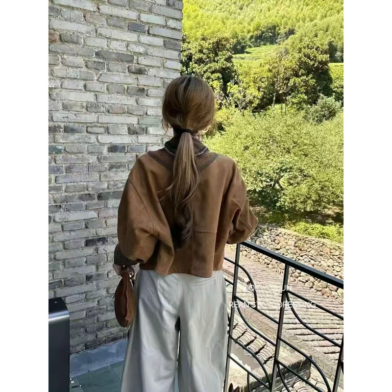 欧货复古丝巾鹿皮绒外套女2025秋季新款时尚设计感格子拼接夹克潮|undefined
