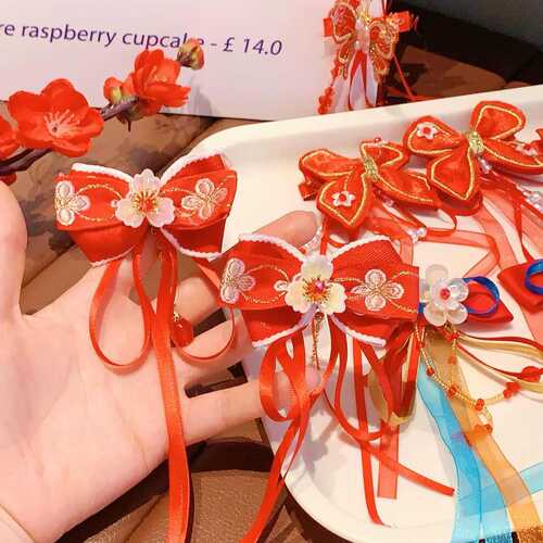 Children's New Year hairpin Chinese style red bow children's clip Hanfu headdress exquisite flower girls' hair accessories