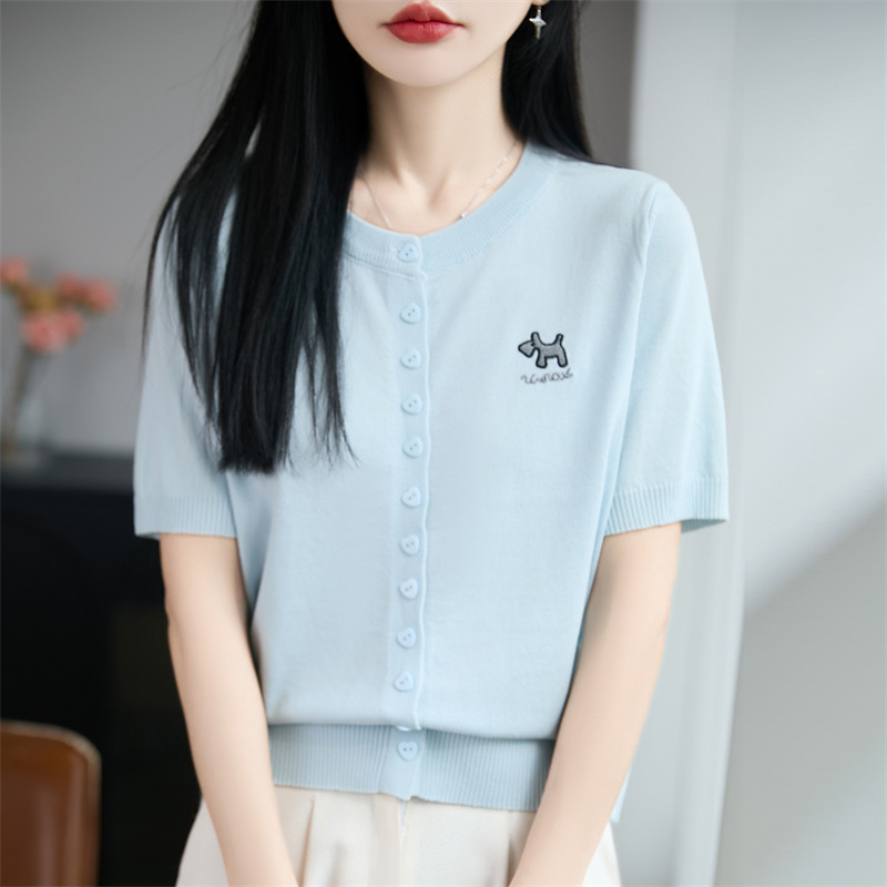 New Style Ice Silk Round Neck Knitted Cardigan Short-Sleeve Women's Embroidered Pony Loose-Fitting Versatile Top for Spring/Summer 2026