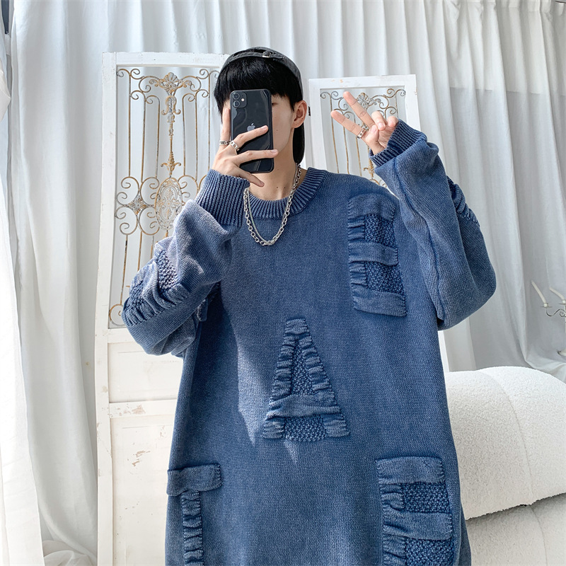 Men's Clothing Casual Knit Sweater With 3D Letter Print, Oversized Round Neck Pullover, Soft Breathable Acrylic Cotton Blend, Loose Fit Streetwear_voghion.com