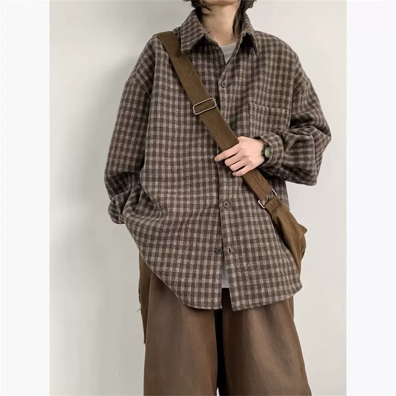 格子衬衫男长袖春秋季vintage美式复古休闲宽松百搭翻领衬衣外套