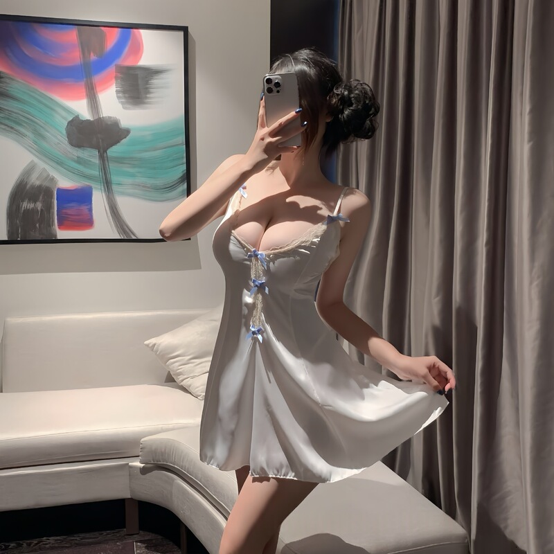 French-Style Sexy Lace Nightgown with Blue Bow for Women, Alluring Lingerie for Home Use