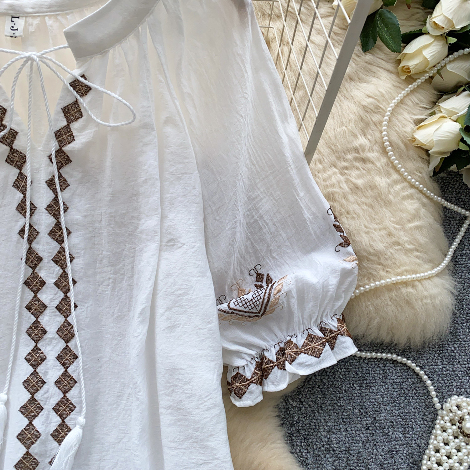 Elegant French Style Blouse for Women Red Embroidered Puff Sleeve Loose Fit Tie Waist Babydoll Top Spring Fashion_ecoleips.com