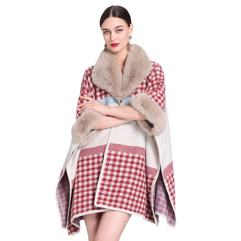 Woolen collar plaid cape cape loose jacquard knitted cardigan large size woolen coat for women_voghion.com