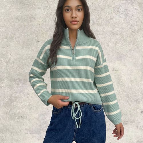 Amazon half-zipper striped sweater European and American autumn and winter new style foreign trade thickened loose pullover short sweater for women
