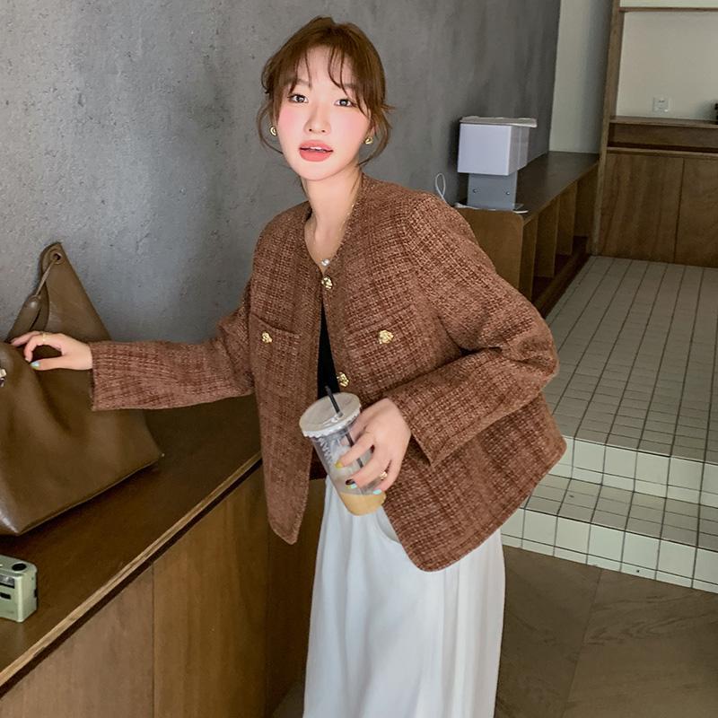 Real Shot of Coffee-Colored Melard Plaid Jacket for Women, 2026 Early Autumn New French-Style Vintage Tweed Top