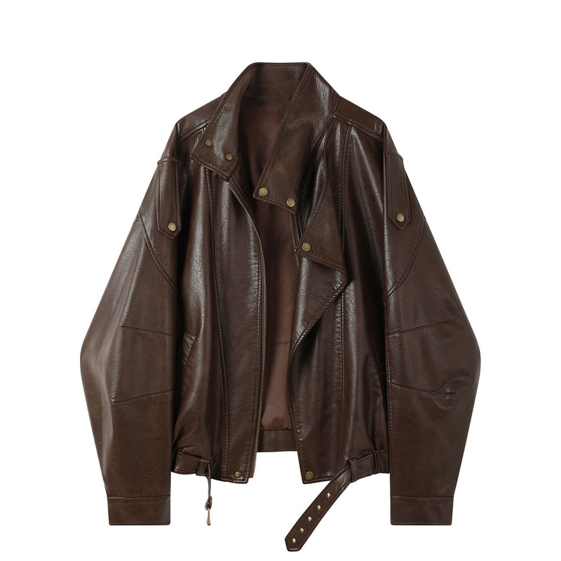 Pre-Sale American Old Money Style Retro Brown Stand-Collar Leather Jacket for Women, Autumn Short Loose Flight Biker Jacket Pre-Sale American Old Money Style Retro Brown Stand-Collar Leather Jacket for Women, Autumn Short Loose Flight Biker Jacket