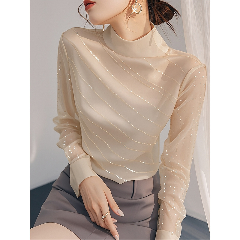 Early Autumn New Style, This Year's Popular Beautiful Blouse, French Style Top, Light Beige Sequined Long-Sleeved Women's Summer Style