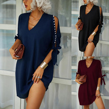 2023夏季新款亞馬遜eBay爆款歐美純色露肩V領釘珠短袖寬松連衣裙