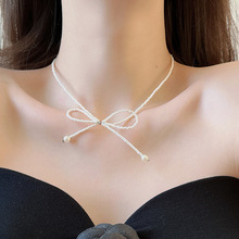 珍珠蝴蝶结锁骨链女超仙颈链2024小众轻奢精致温柔气质纯银项链
