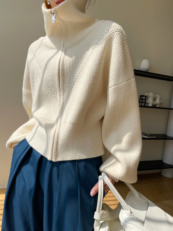 跨境慵懒风拉链针织开衫女2025秋冬感休闲宽松软糯毛衣外套上衣女|undefined