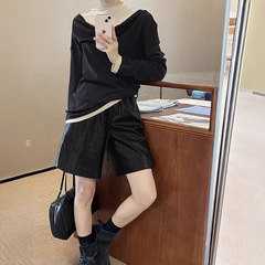 初打十三行秋冬新款法式抽绳松紧腰休闲裤油蜡PU五分皮裤女KA990