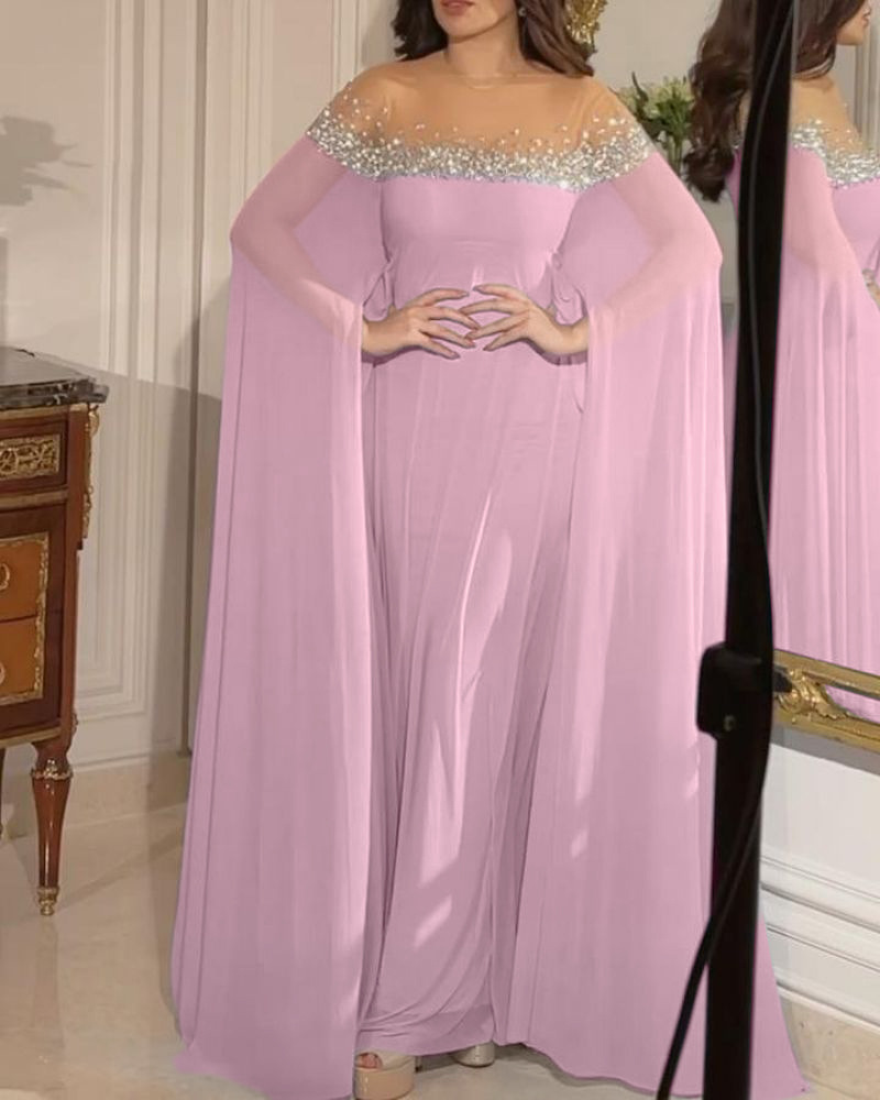 Elegant aftenkjole for damer med perler og stein i chiffon_voghion.com