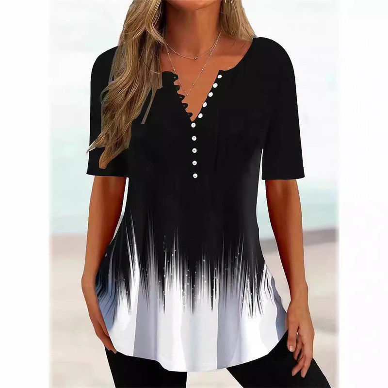 Cross-Border European and American Women's Clothing Amazon 2024 Summer Loose V-Neck Short-Sleeved Pleated Button-Down Shirt for Women