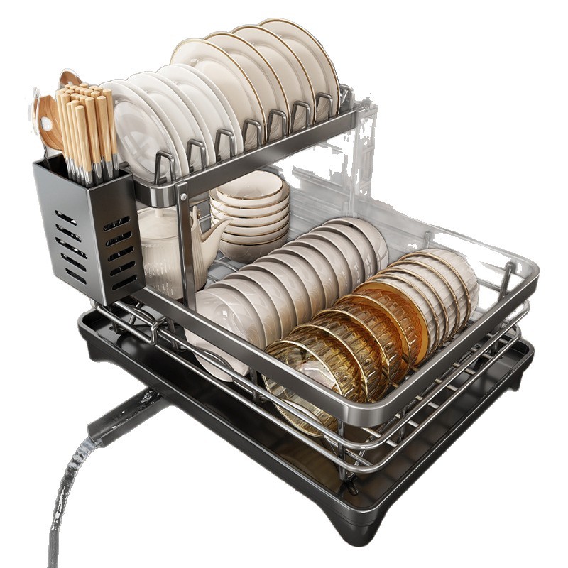 Estante de almacenamiento de platos Youqin Estante de drenaje Estante de cocina Cuenco de acero inoxidable Platos y platos Cesta de drenaje de doble capa