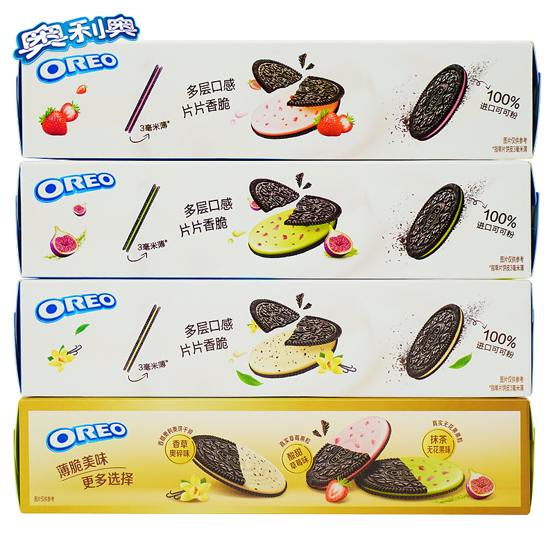 오레오 비스킷 크리스프 샌드위치 비스킷 95g 멀티 맛 바닐라 맛 딸기 맛 무화과 간식 간식