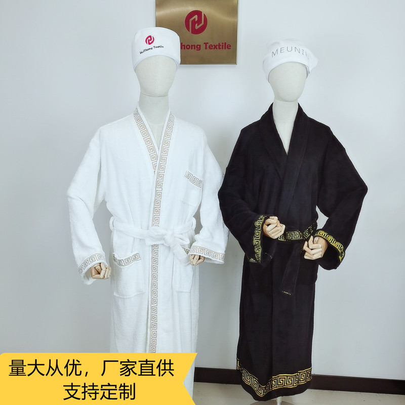 Custom Hotel SPA Spa Coral Fleece Bathrobe High-end Bathrobe Embroidered Great Wall Lattice Black Bathrobe Support Foreign Trade