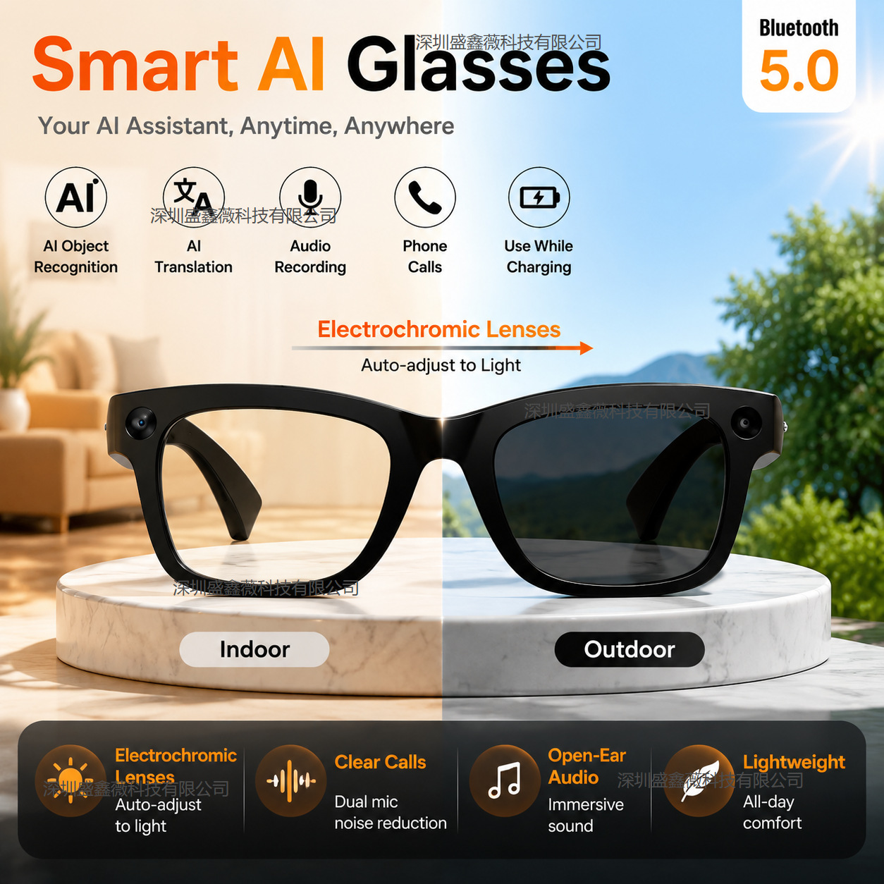 Cross-border E09C Smart Glasses 8-Megapixel Camera Bluetooth Calling Music Playback Video Shooting AI Translation