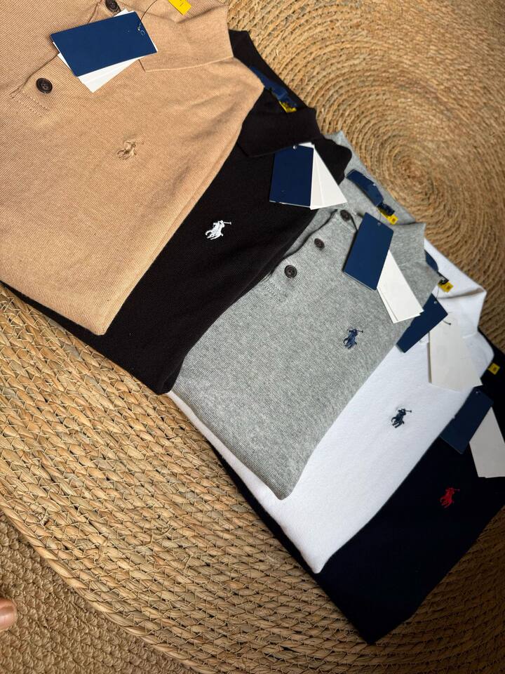 Áo polo nam dài tay cotton thêu hình ngựa nhỏ, cổ bẻ ba cúc, phong cách công sở — Màu kaki, Màu trắng, Màu xanh tím than, màu xám