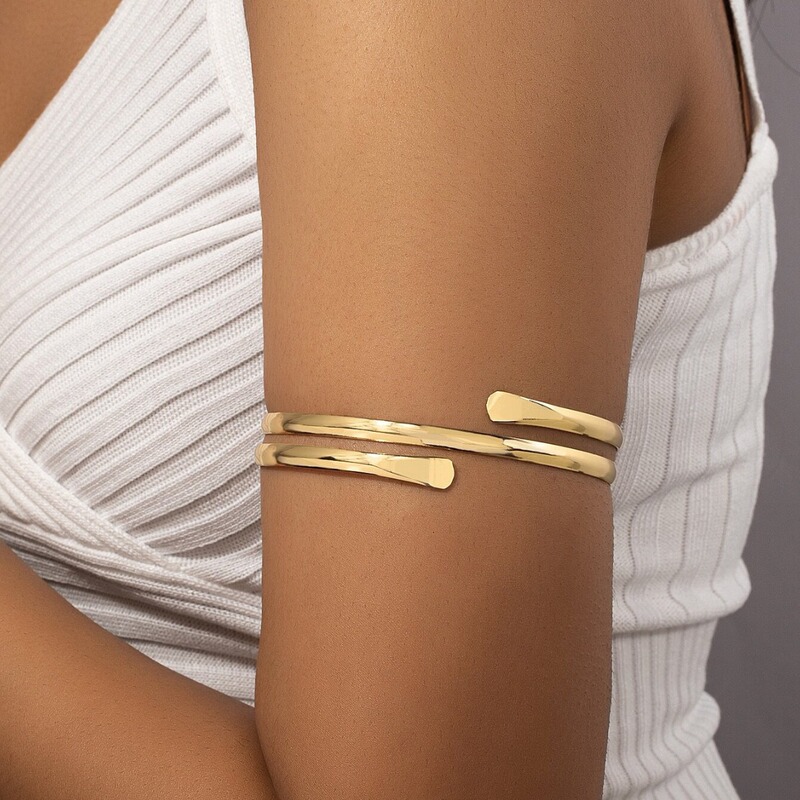 Cross-border metal minimalist glossing double-layer spiral two-end flattened upper arm armband golden opening simple arm ring