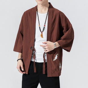 2024 spring and summer Chinese style hanfu shirt men's cotton and linen coat fashionable embroidered cardigan lace-up robe top men