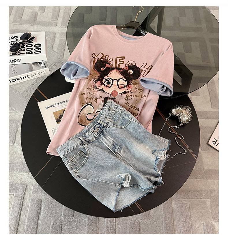 Women's Clothing Sweet Fashion Casual Suit For Women Summer New Round Neck Printed Embroidered T Shirt Loose Denim Shorts Two Piece Suit Trendy_ecoleips.com