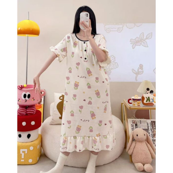 Camisón transfronterizo verano nuevo estilo femenino falda larga de manga corta dulce y linda nube de algodón estilo simple pijama de cuello redondo se puede usar afuera