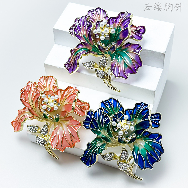 Flower Blossom Enamel Peony Brooch High-End Light Luxury Pearl Flower Brooch High-End Pin Accessories Clothing Accessories