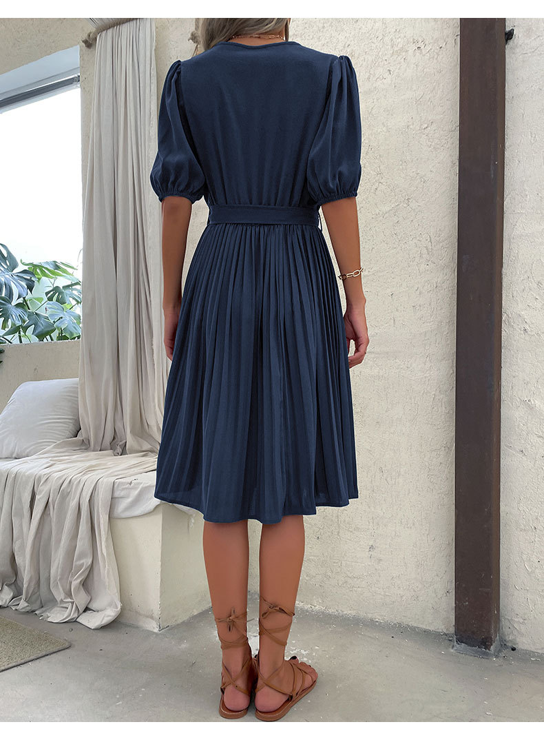 Fashion Solid Color V Neck Short Sleeve Patchwork Pleated Polyester Knee-Length Pleated Skirt