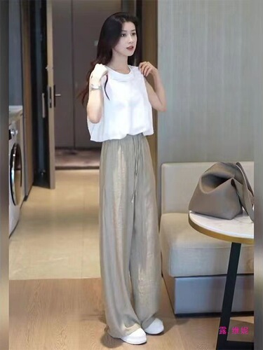 High-quality fashionable suit for women's 2025 Korean style loose casual sleeveless shirt, ice silk wide-leg pants, two-piece set