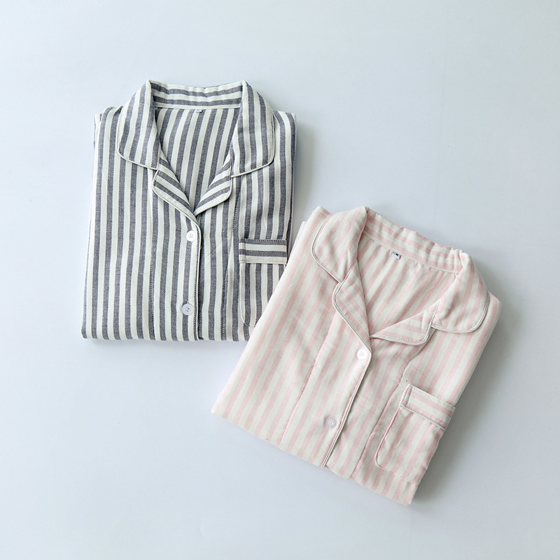 Spring and Autumn Women's Home Wear Pajama Set, Thickened Double-Layer Gauze Cotton, Unprinted Style, Wide Striped Lapel, Manufacturer
