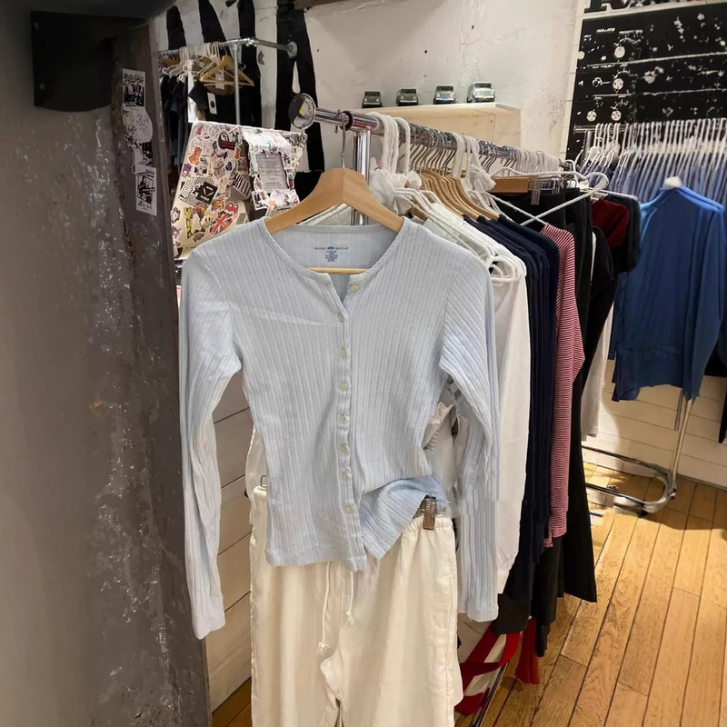 Bm Style American Light Blue Lace Collar Single-Breasted Long-Sleeved T-Shirt Top for Women Bm Versatile Bottoming Cardigan Top for Women