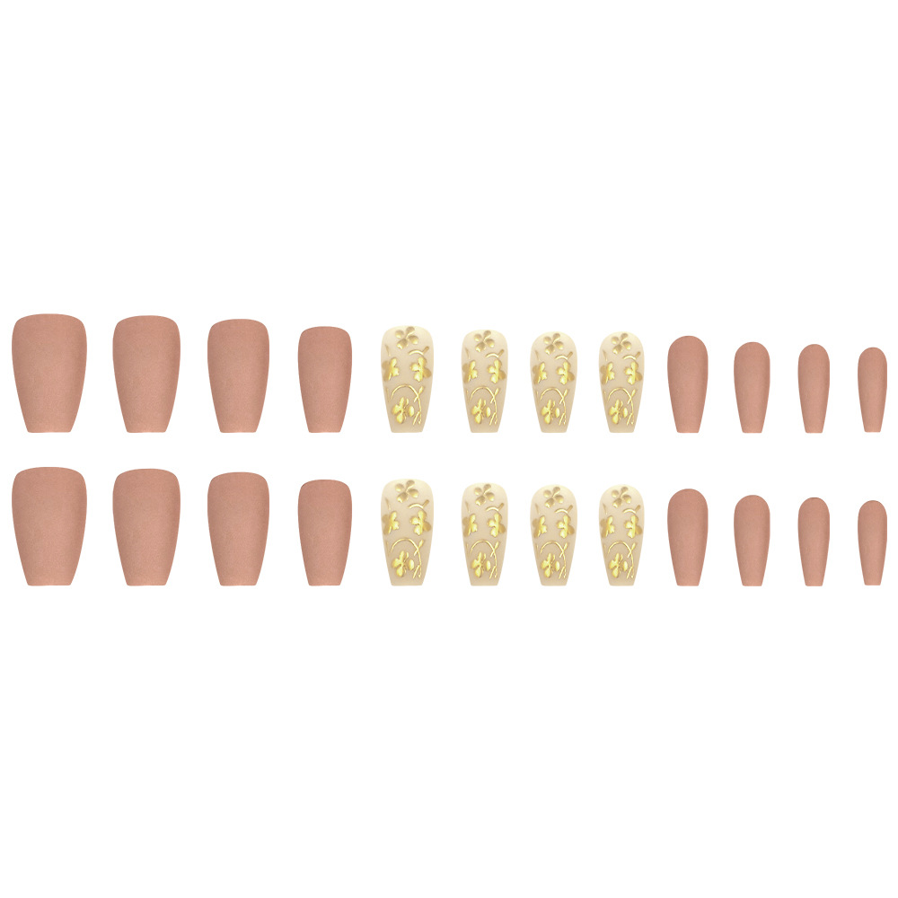 Ventas transfronterizas en caliente 3D estereoscópicas de oro leper desgaste uña de textura floral de oro uña falsa 24 piezas de temperamento de manicure