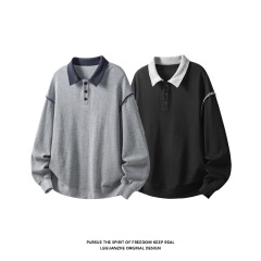 拼接华夫格POLO衫上衣男款春秋季痞帅潮流卫衣设计感大码宽松内搭