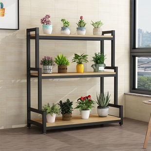 Iron Trapezoidal Solid Wood Flower Shelf Flower Indoor Household Succulent Flower Pot Balcony Living Room Floor-Standing Multi-Layer Pingrun