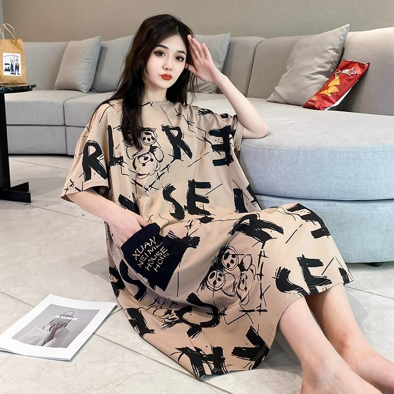 Pajamas Women's Nightgown Cute Loose Short-Sleeved Mid-Length Thin Summer Plus Size Plus Size Loose Maternity Home Skirt