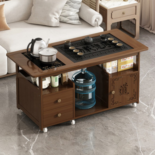 Mobile Tea Table, Tea Table, Household Solid Wood Small Tea Cart, Living Room Coffee Table, Sofa Side Table, Tea Set Tray, Kettle Integrated