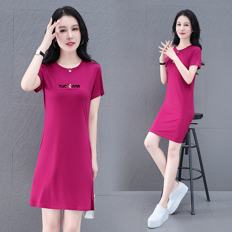 Tencel Roman Ice Silk Quick-Drying Mid-Length T-Shirt Dress for Women Summer Thin Fashion Casual Middle-Aged Mother's Wear Tencel Roman Ice Silk Quick-Drying Mid-Length T-Shirt Dress for Women Summer Thin Fashion Casual Middle-Aged Mother's Wear