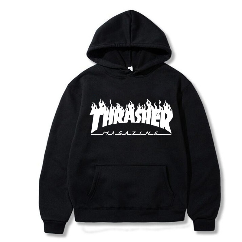 2025 New Foreign Trade Spring and Autumn Men's Hooded Sweatshirt Flame Trendy Brand Men's Pullover Sweatshirt Thrasher Print